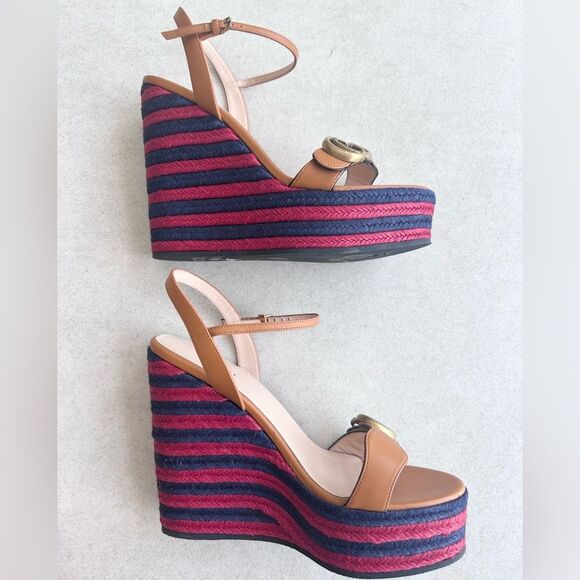 Gucci Lifford GG Marmont Brown Leather Platform Espadrille Sandals EU 39 US 9 - Picture 7 of 12